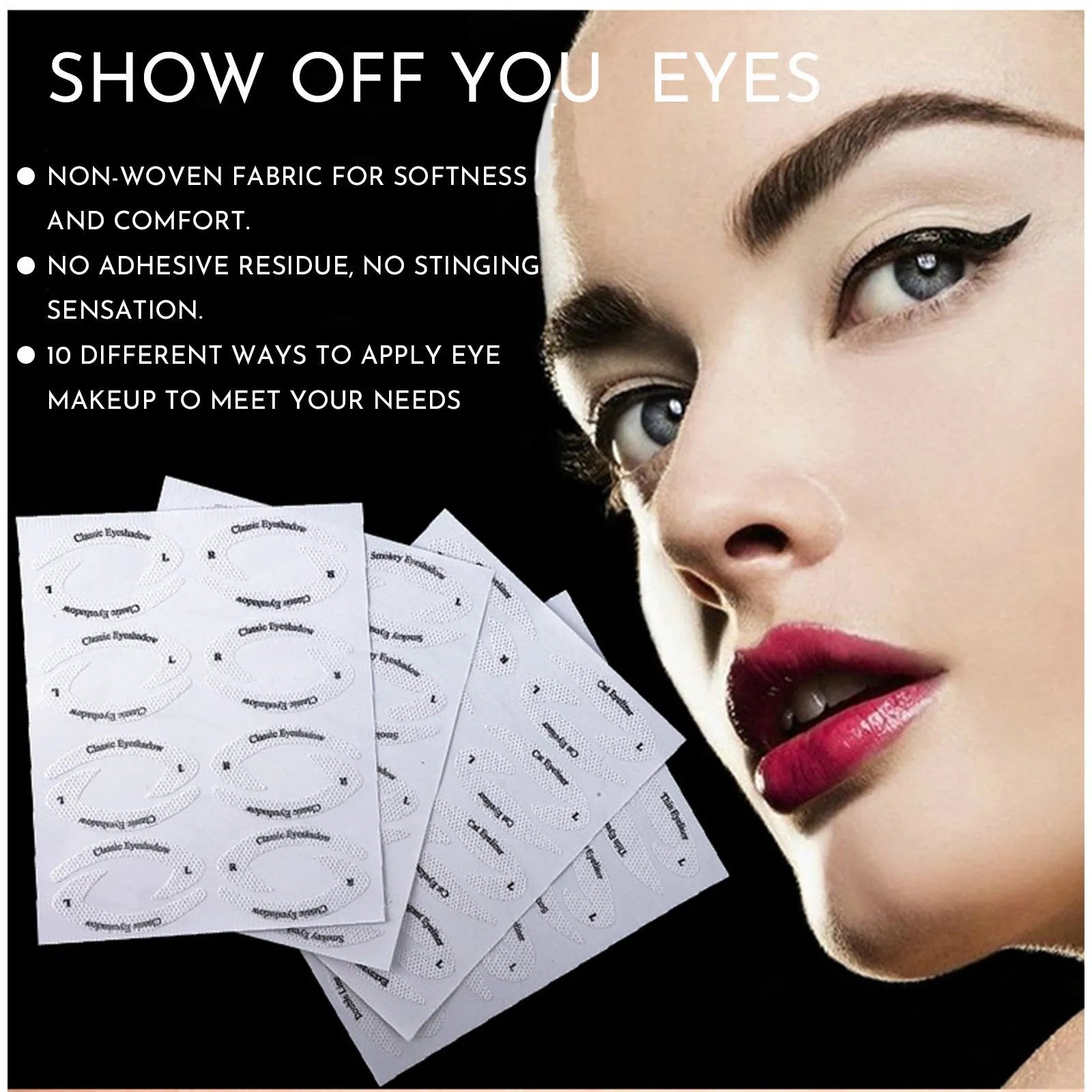 Four reusable eyeliner stencils on a pink background, showing winged and curved cut-out shapes for makeup application.