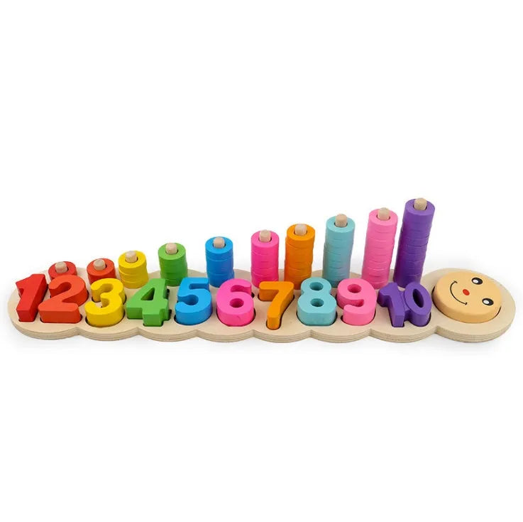 Wooden logarithmic board with colourful numbers, geometric shapes and counting beads for toddlers