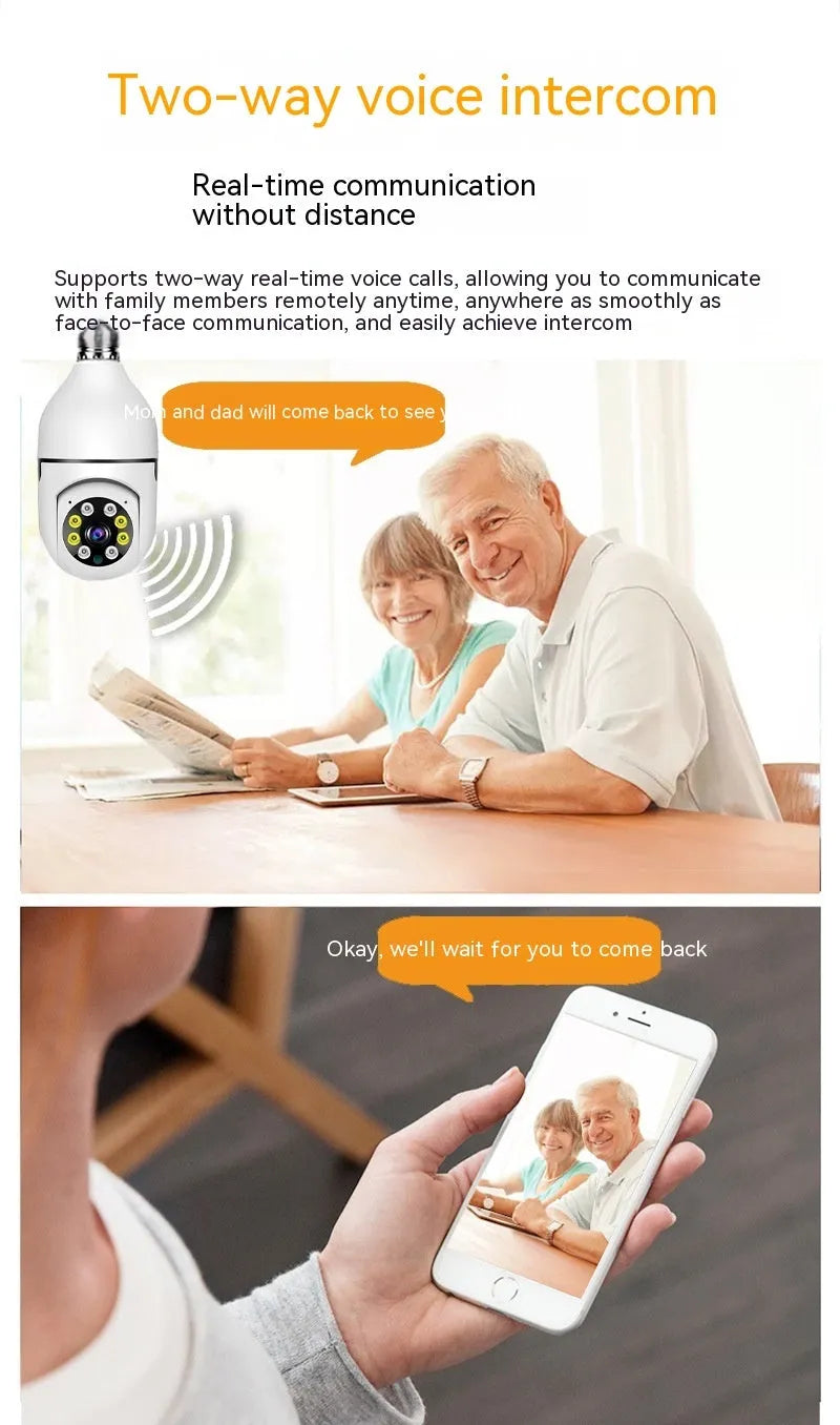 Wireless WiFi security bulb camera with metal base and plastic housing, shown next to its packaging.