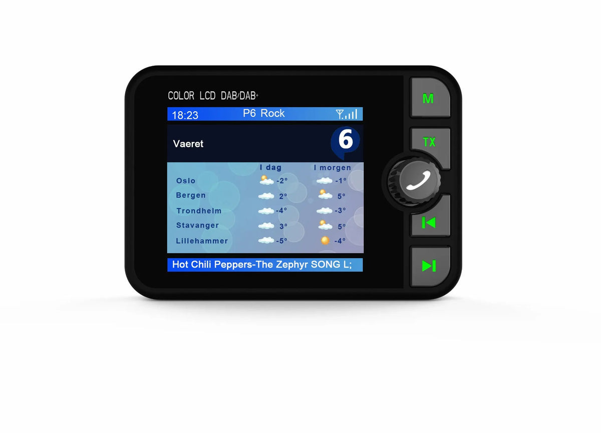 Black ABS car DAB digital receiver with 2.4-inch colour LED screen showing radio display