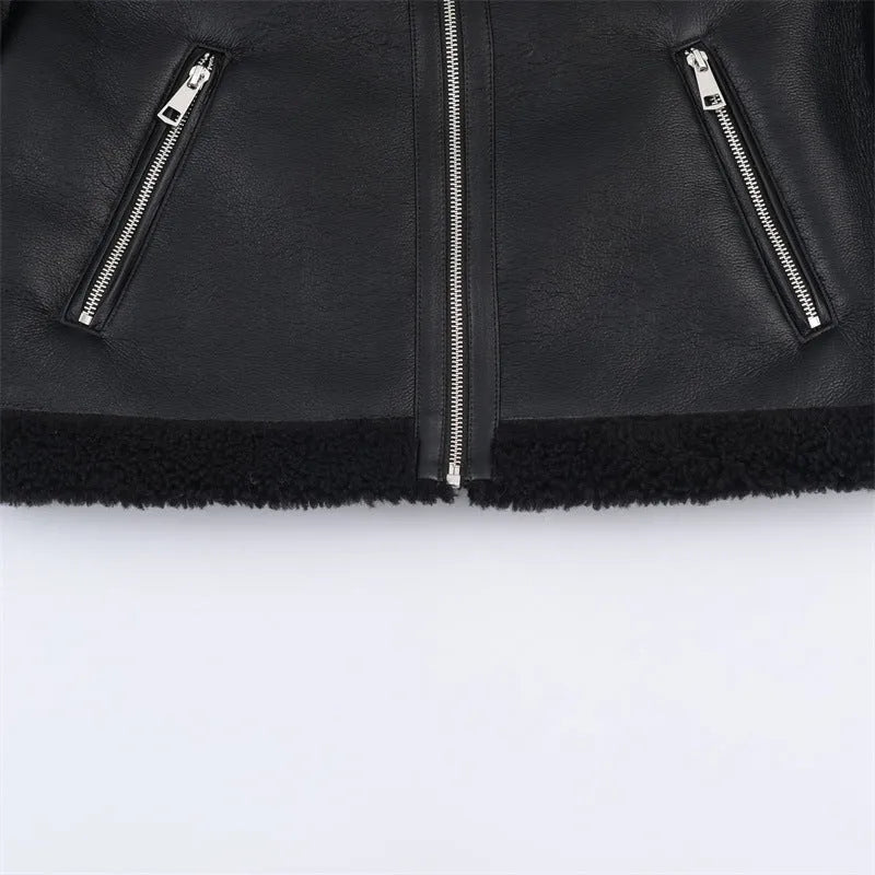 Women's double-sided fleece jacket black reversible casual PU fabric medium thickness