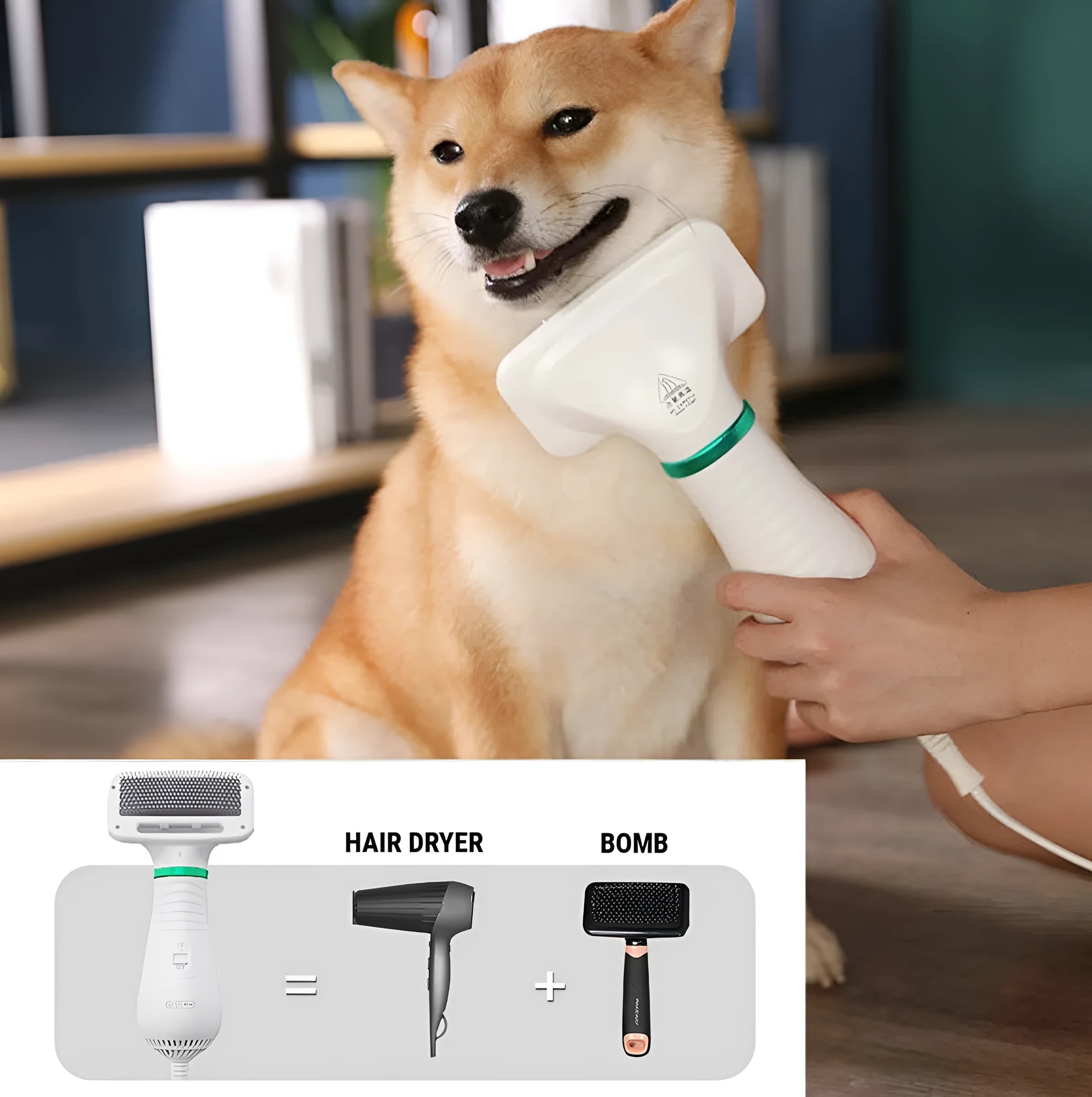 2-in-1 gold pet drying brush with comb, 304 stainless steel needles, rotating head, and UK plug