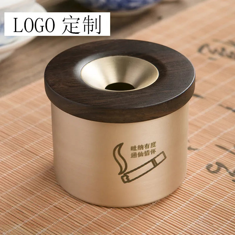 Retro solid copper ashtray with a wooden lid featuring a centre hole, shown with black and red wood options.