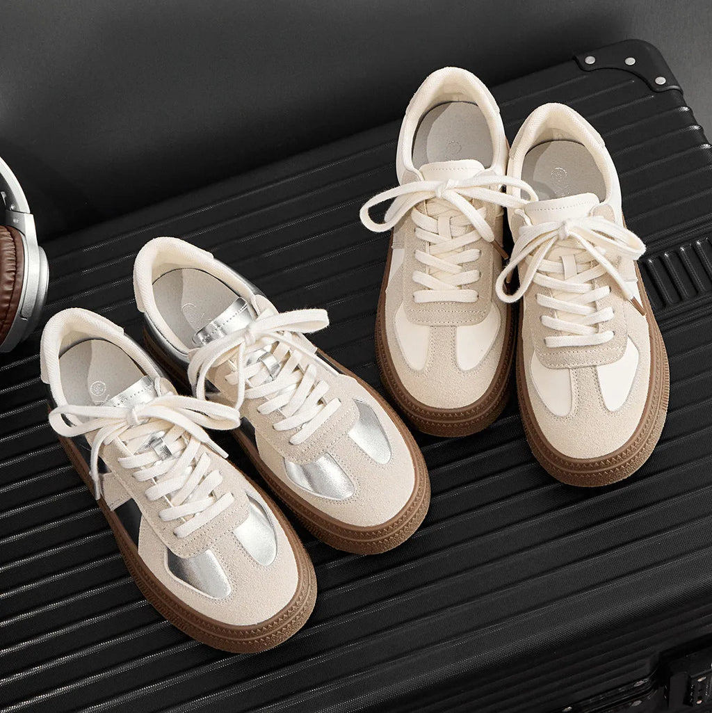 Retro round toe sports board shoes with cross straps in matte milky white or silver