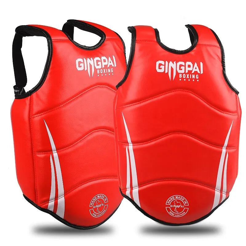 Boxing chest protector made of PU leather with EVA liner, in black, with straps and padding.