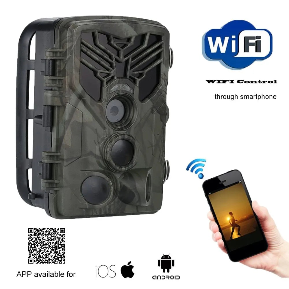 Wifi830 model Wi-Fi enabled trail camera with camouflage finish on a tree branch