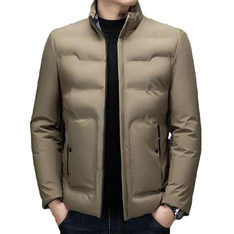 Men's thick business cotton coat in black, beige, and navy blue, polyester fabric, sizes XL to 5XL