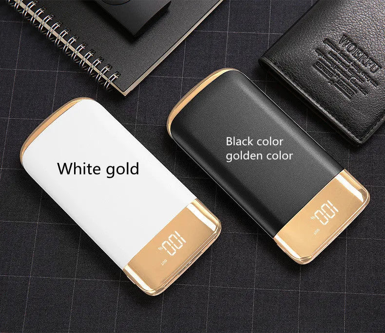 White plastic portable power bank with full screen display showing battery level, 10000mAh capacity