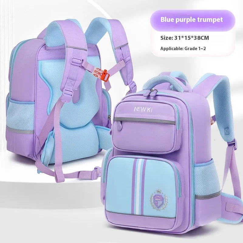 Children's waterproof canvas school backpack in solid colour with curved shoulder straps and spine protection