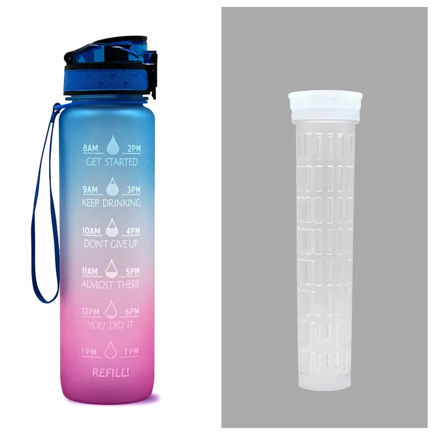 Blue-red gradient 1L Tritan water bottle with time markers and flip-top lid on a gym bag