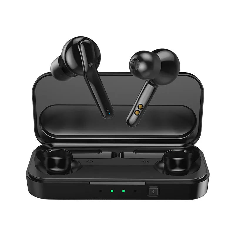 Black and white true wireless earbuds with charging case on a table, showing compact design.