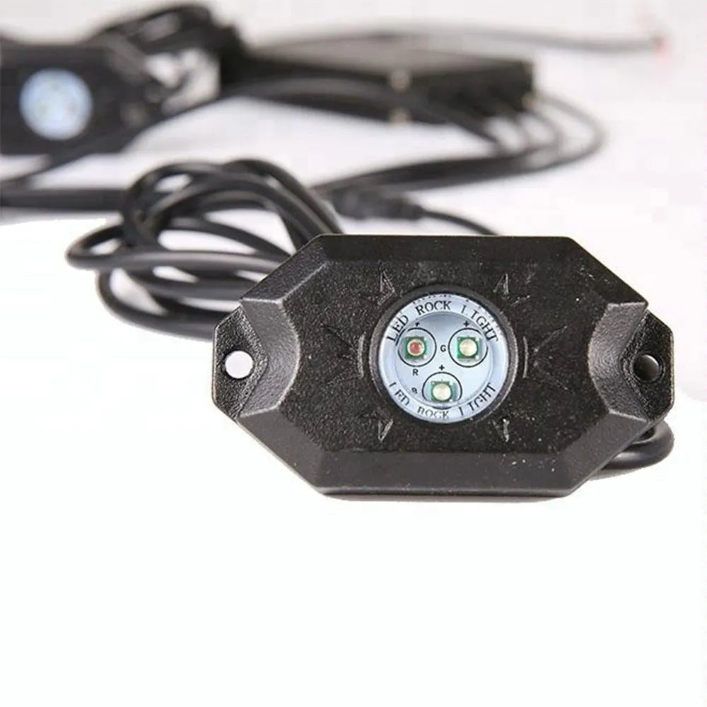 Eight-piece undercarriage LED atmosphere light set with RGB colours, die-cast aluminium housing, and CREE lamp beads for off-road vehicles