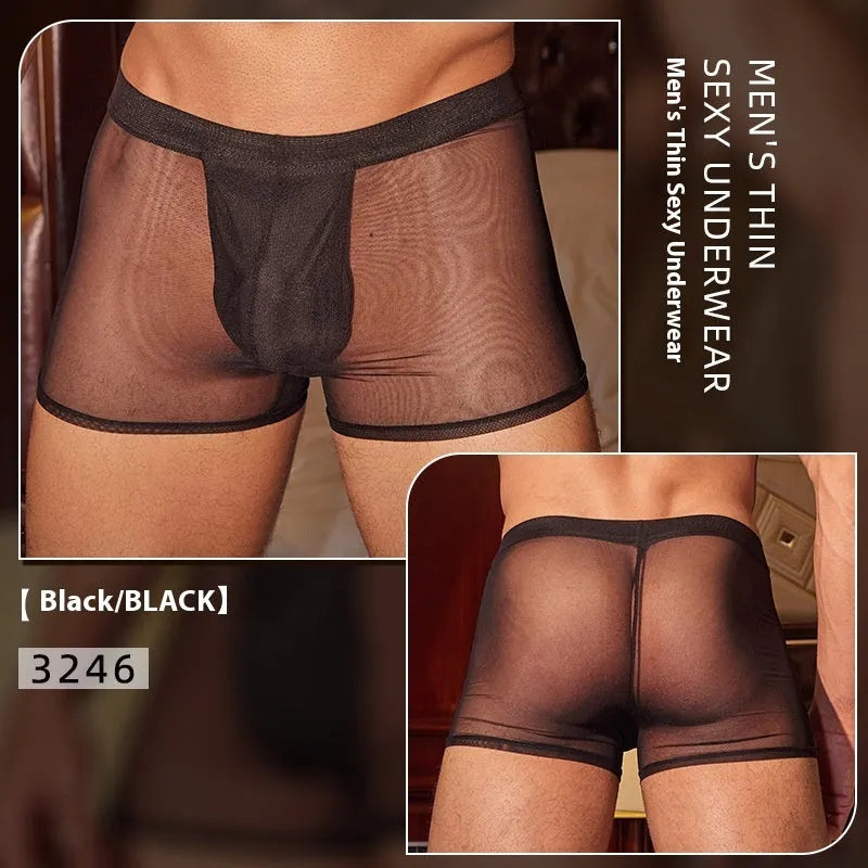 Men's black ultra-thin nylon boxer briefs laid flat, showing free size fit.