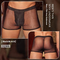 Men's black ultra-thin nylon boxer briefs laid flat, showing free size fit.