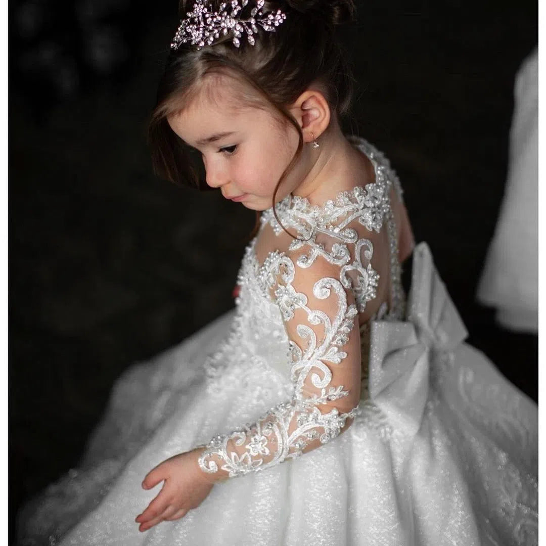 Children's princess dress in ivory white with bow and tulle tutu skirt, made from polyester, suitable for heights 80cm to 160cm