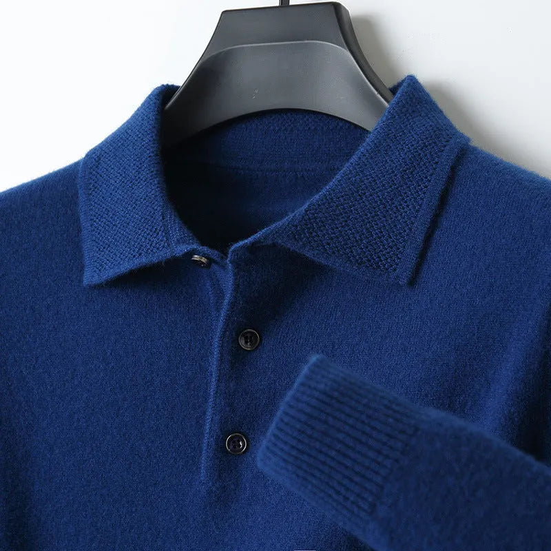 Men's grey polo collar wool blend pullover sweater on a hanger