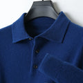 Men's grey polo collar wool blend pullover sweater on a hanger