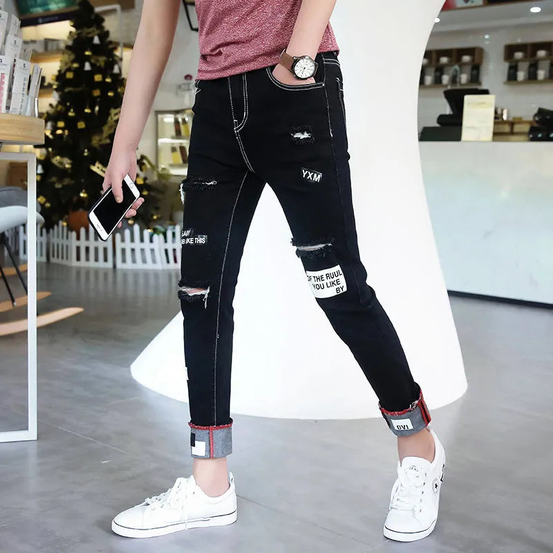 Autumn black ripped ankle jeans for men, micro stretch cotton rich denim, distressed ankle detail, black colour