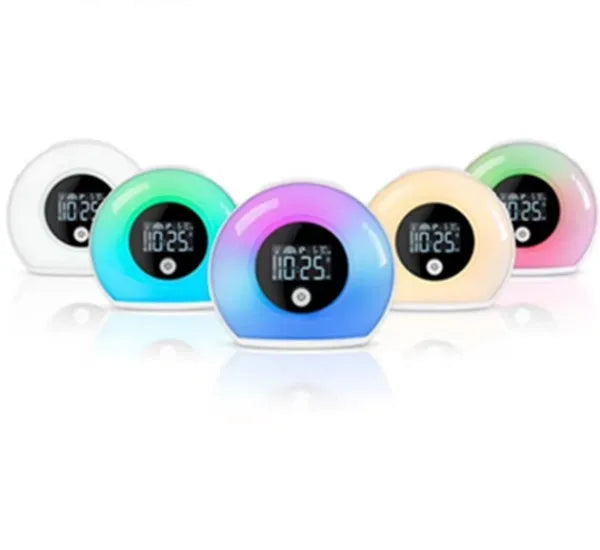 Digital music alarm clock with VA LCD display, Bluetooth 5.0 speaker, and fluorescent lighting effects in colourful mode
