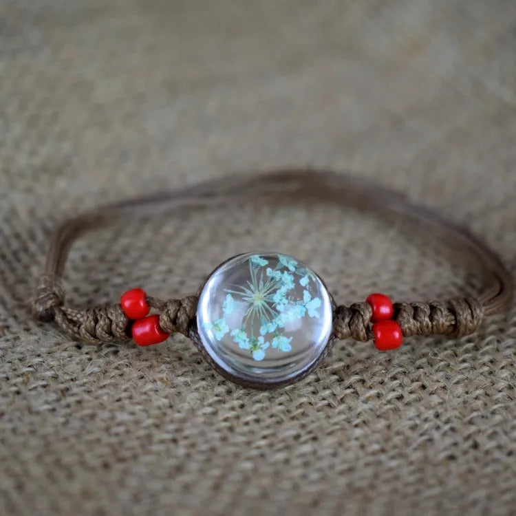 Glass bead starry time gemstone necklace with dried flowers and embossed beads