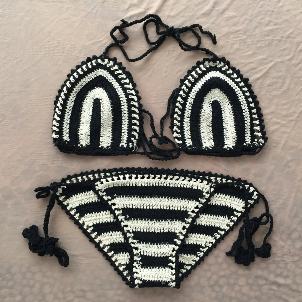 Hand crochet bikini set with cotton wrap top and woven texture on a woman by the beach