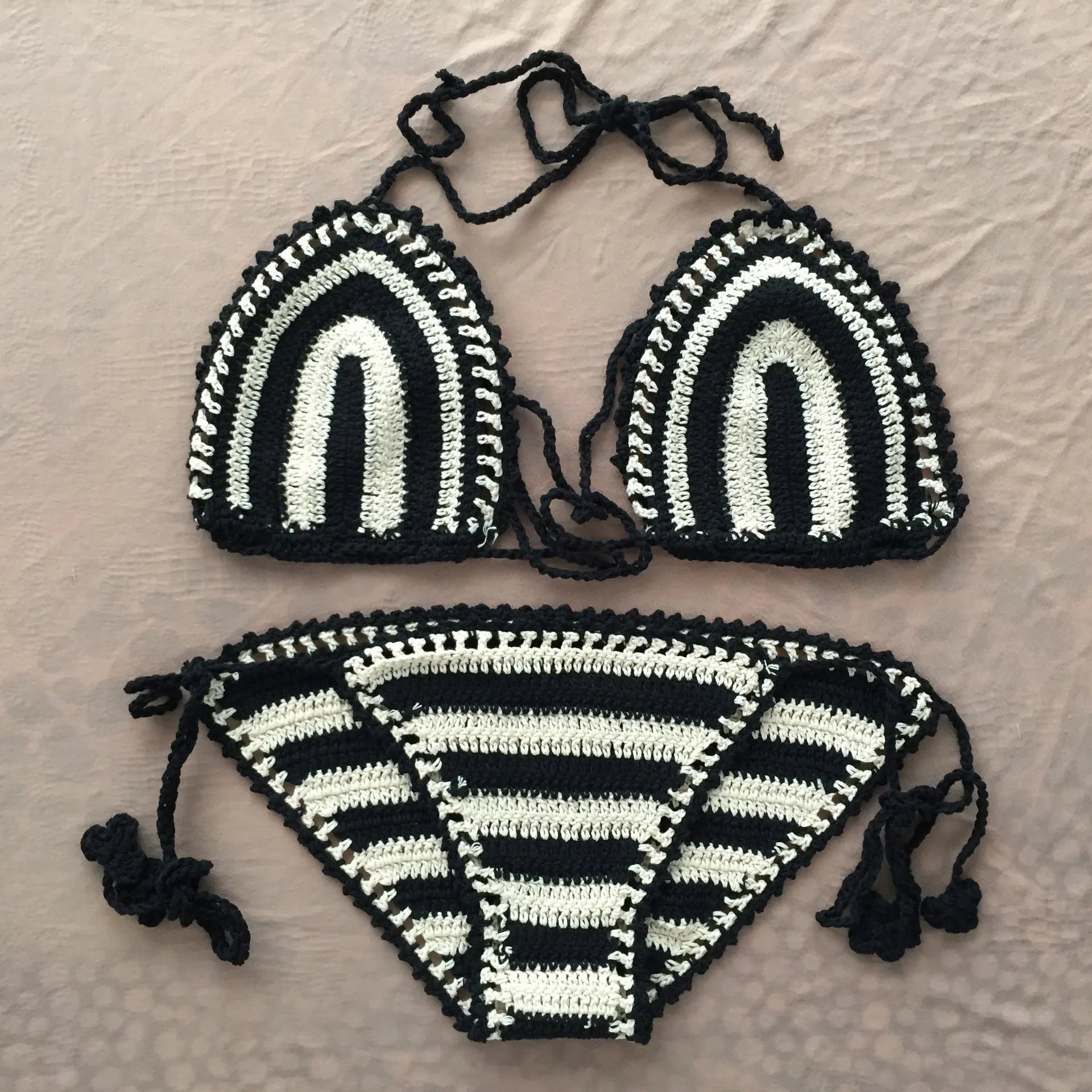 Hand crochet bikini set with cotton wrap top and woven texture on a woman by the beach