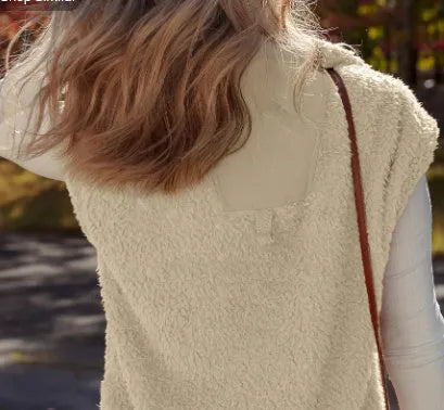 Women's beige cinnamon faux fur snap-front sleeveless vest with pockets, casual style