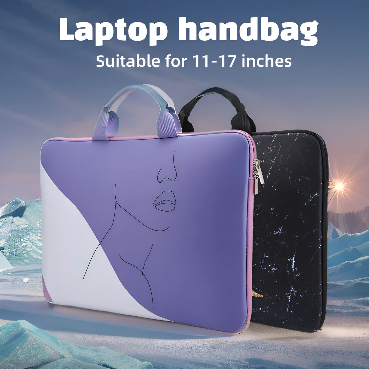 Purple polyester laptop bag with character printing pattern, anti-cutting function, fitting 13/14 inch laptop