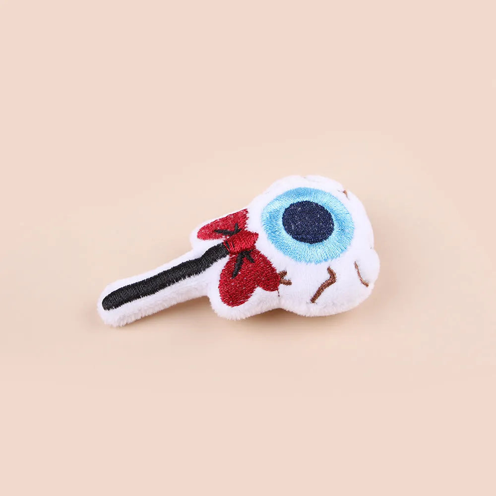 Small plush cat teaser wand with colourful candy design dangling attachment