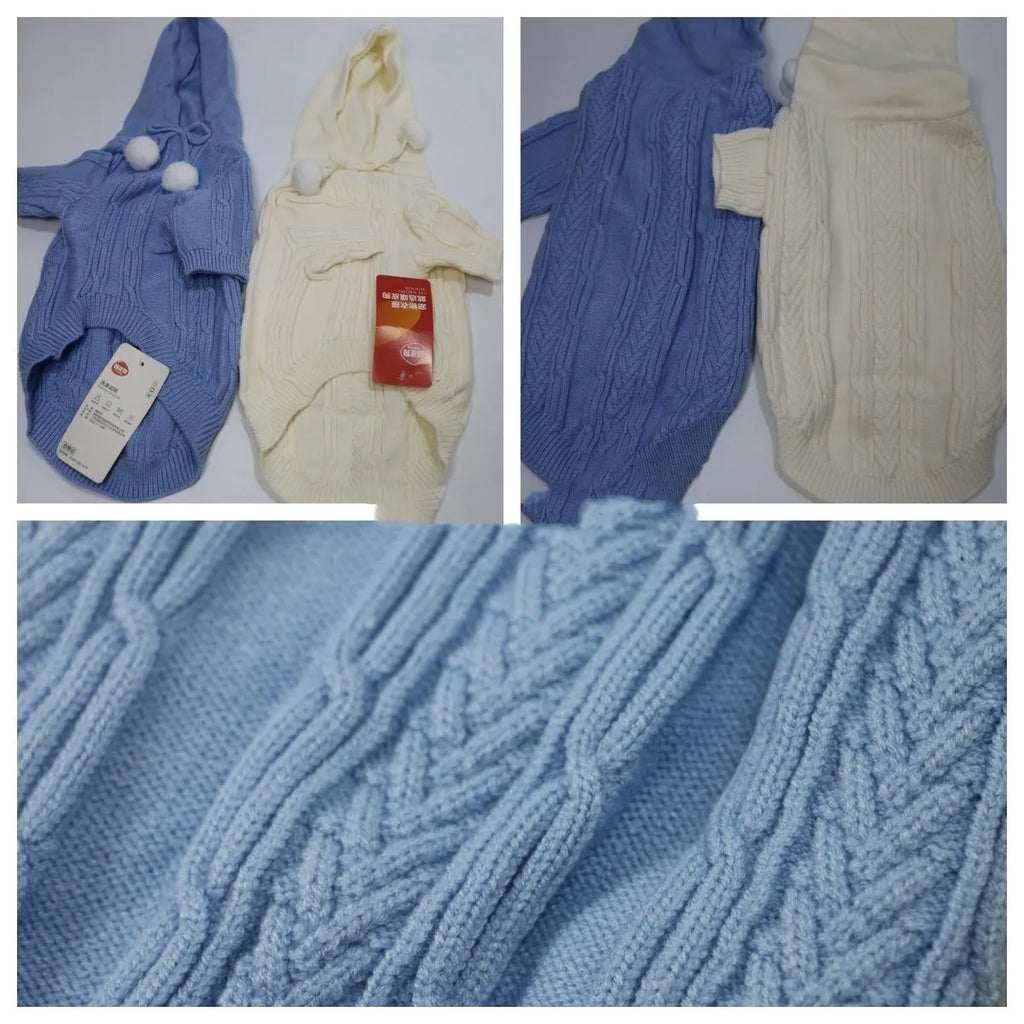 Autumn winter two-leg hooded sweater for dogs in beige colour showing hood and blended fabric