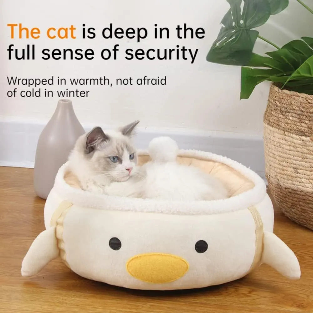 Green chick and dinosaur shaped cat bed shown both flat and hung as a hammock for small pets.