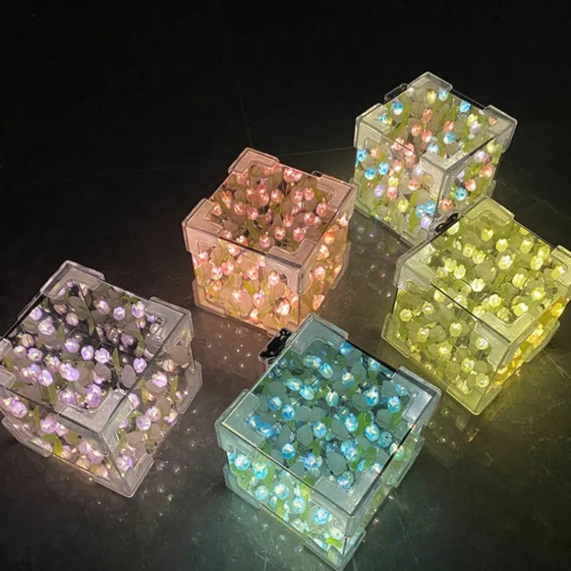 Handmade DIY tulip flower small night light with mirror lamp design in pink