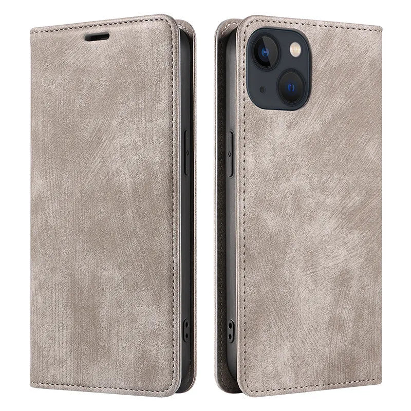 Magnetic flip phone case for iPhone in black, showing closed front cover with leather finish.