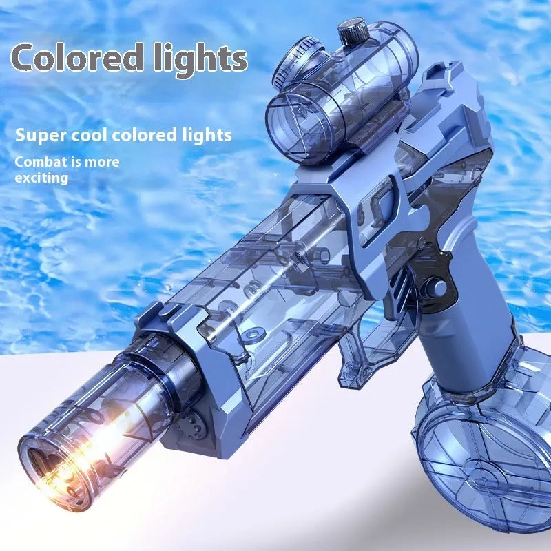 Fire Rat electric water pistol with cool light, automatic spray, black and blue colours, 8-10 metre range
