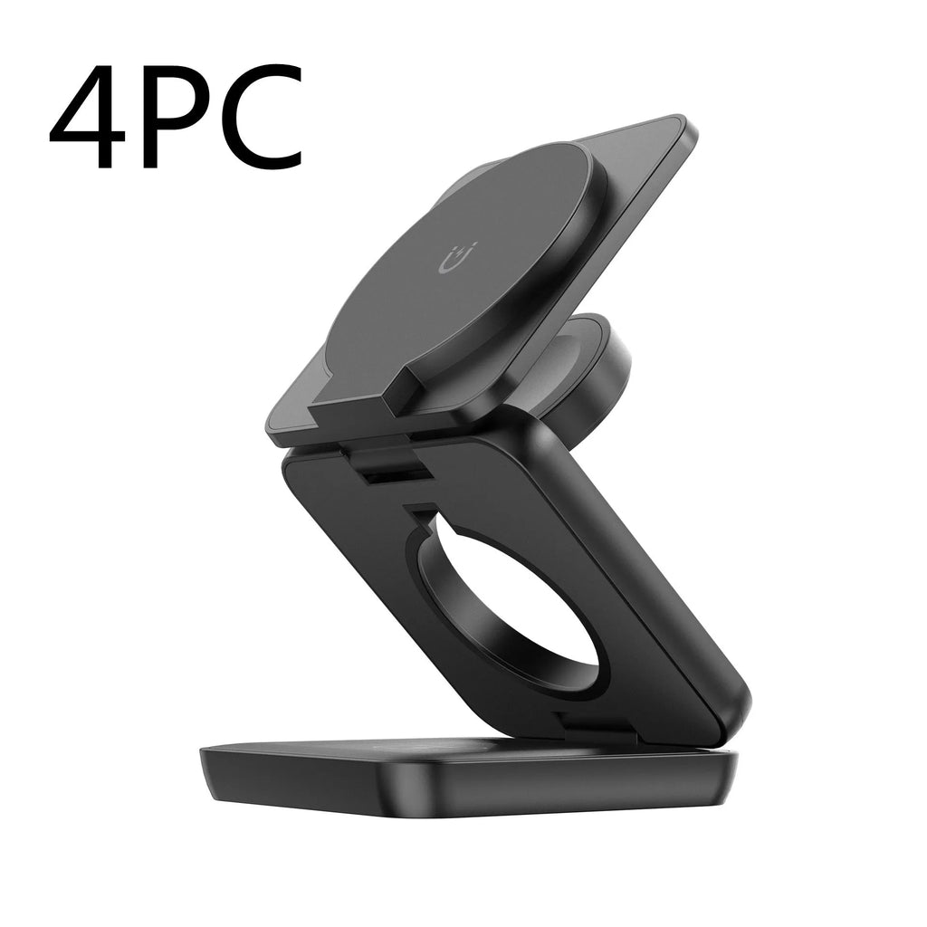 Black foldable magnetic wireless phone charger showing compact 70x70mm design with QC3.0 fast charging