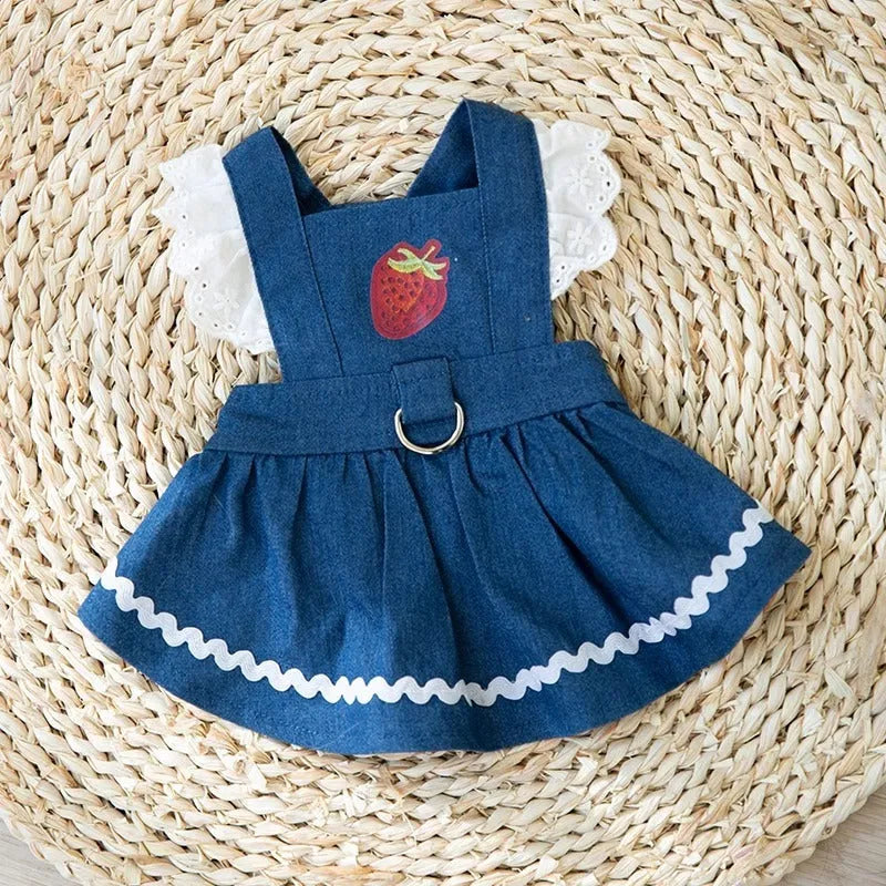 Strawberry traction print denim skirt dog clothes in Bondi Blue colour on small dog