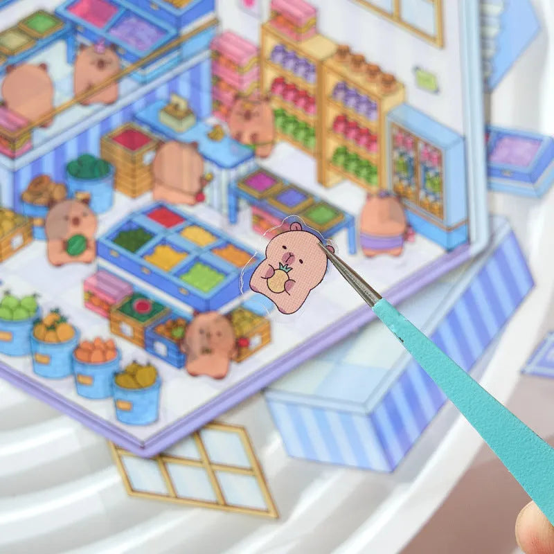 Sheet of pre-cut three-dimensional cartoon landscaping stickers for hand accounting, showing bakery, flower shop, and bookstore designs.