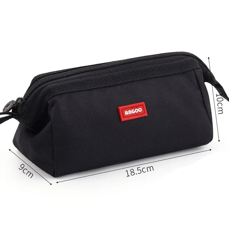 Large Oxford cloth pencil case with double zipper closure in dark blue, black, or yellow colour options.