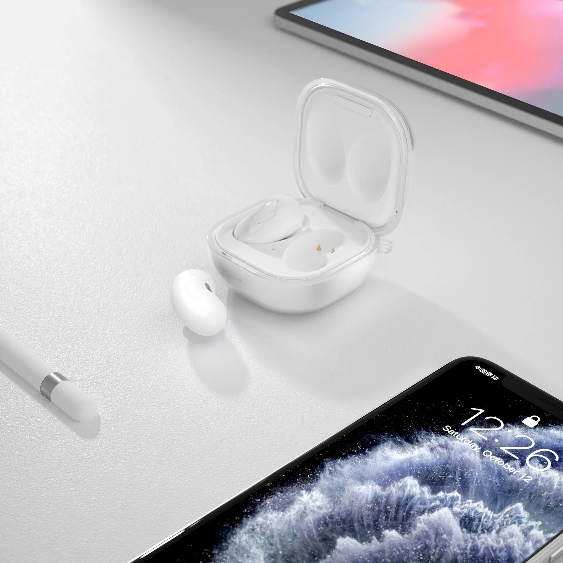 A transparent clamshell-style plastic case for Bluetooth earphones.