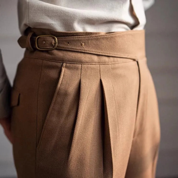 Men's high waist straight leg casual polyester trousers in black, shown laid flat.