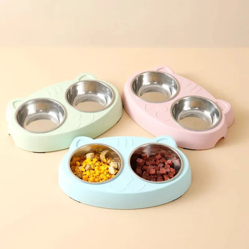 Blue plastic double bowl pet feeding tray for cats and dogs with food and water compartments