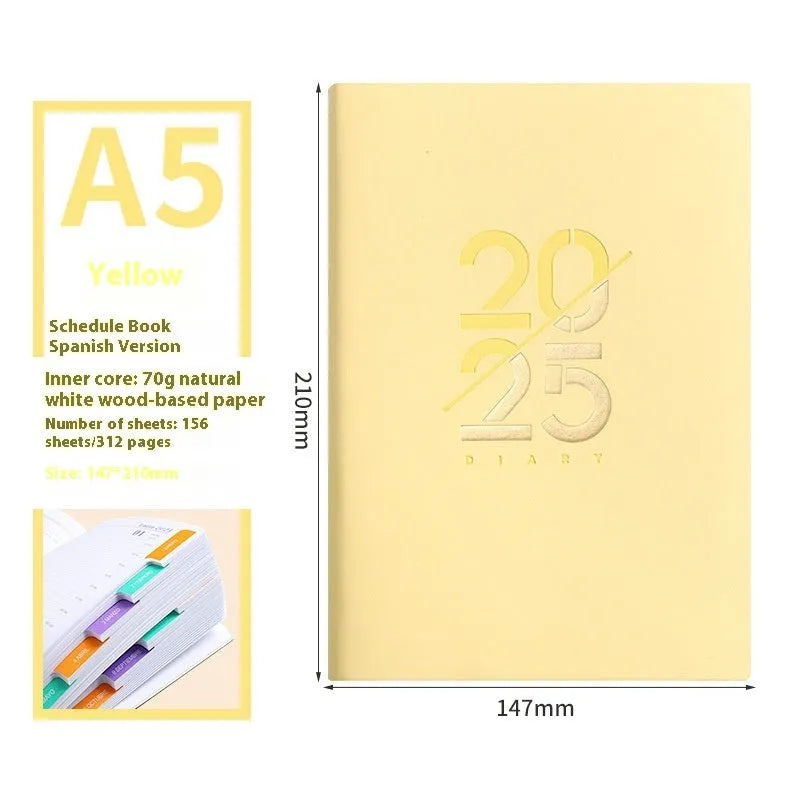 A5 faux leather daily planner schedule book open showing Dorian paper pages with 2025 calendar