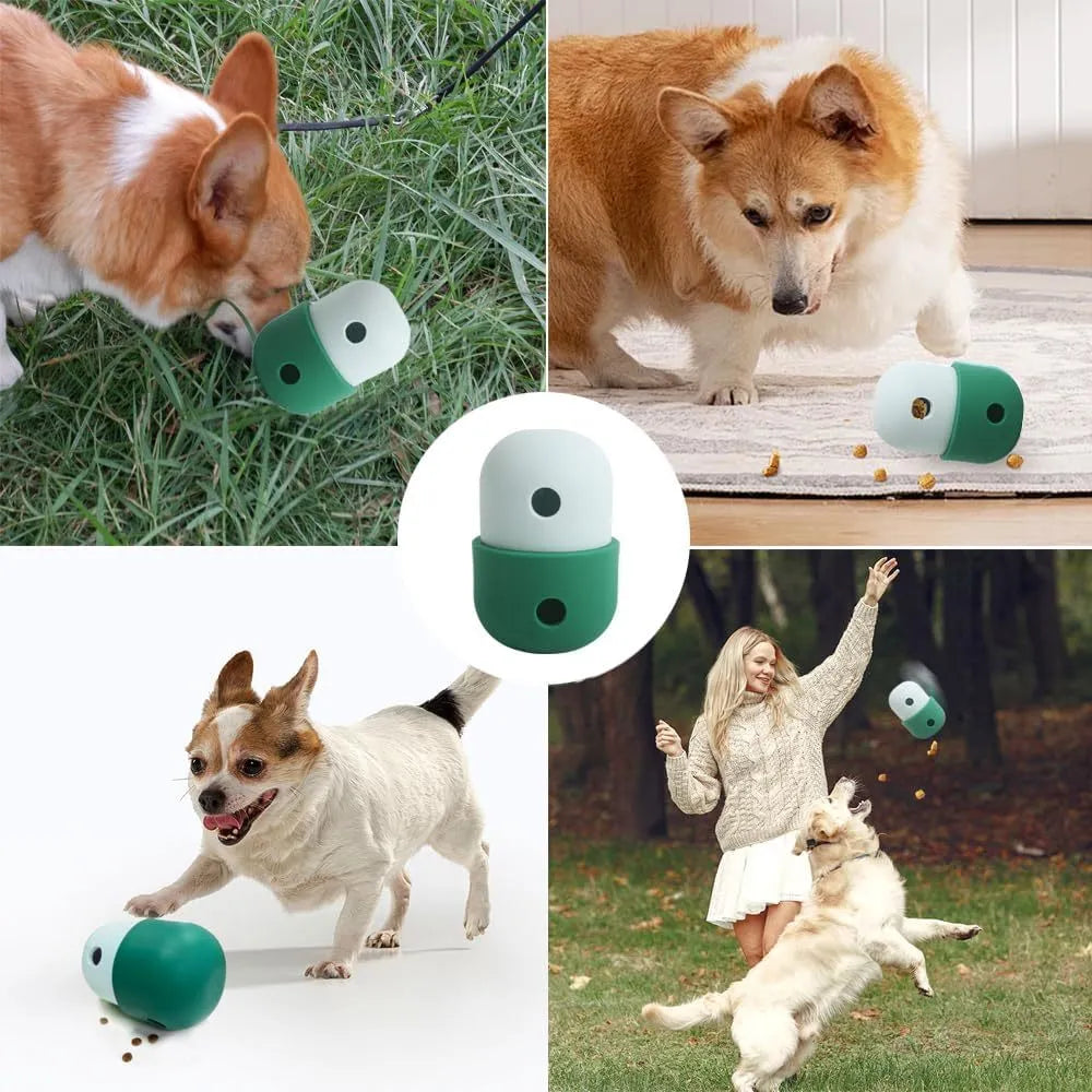 Food grade silicone dog puzzle treat ball in blue and white, shown next to dog treats.