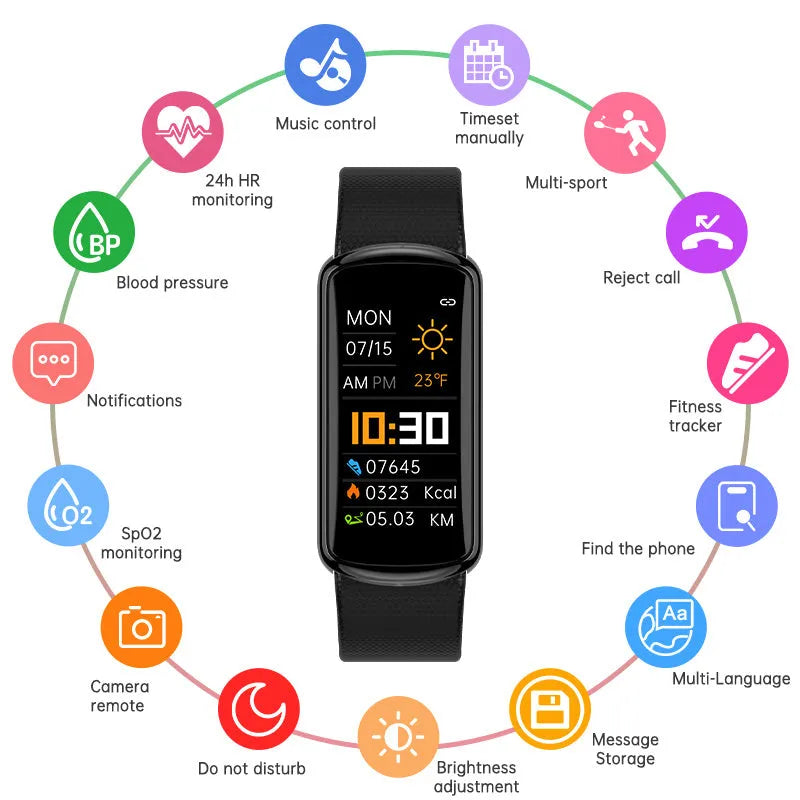 Fashion sports electronic watch with black metal frame and TPU strap showing 0.96 inch IPS colour screen