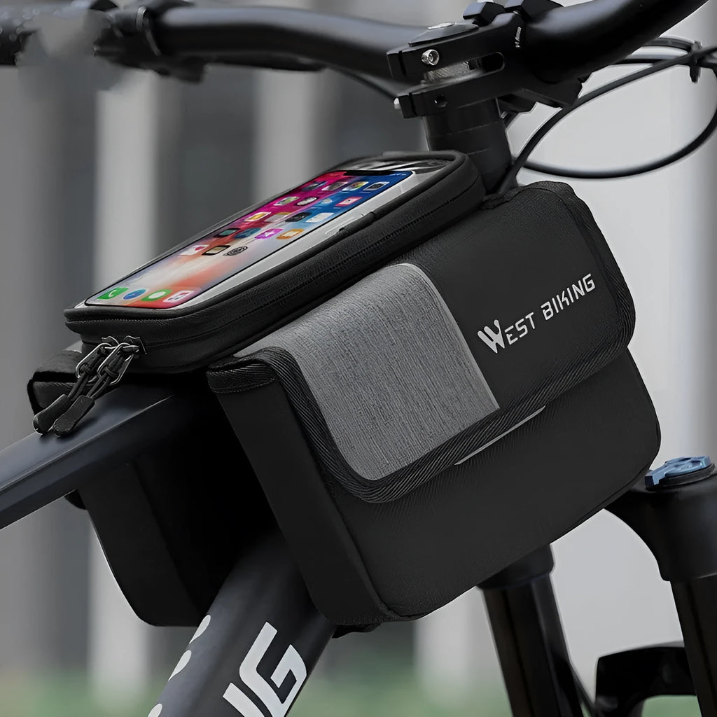 Black and grey bilateral tube touch screen saddle bag with 2L capacity mounted on bicycle