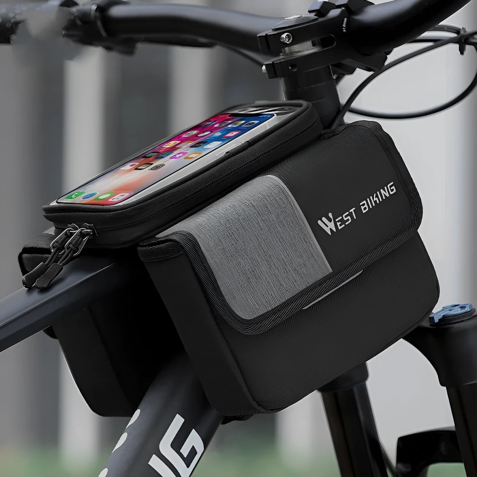 Black and grey bilateral tube touch screen saddle bag with 2L capacity mounted on bicycle