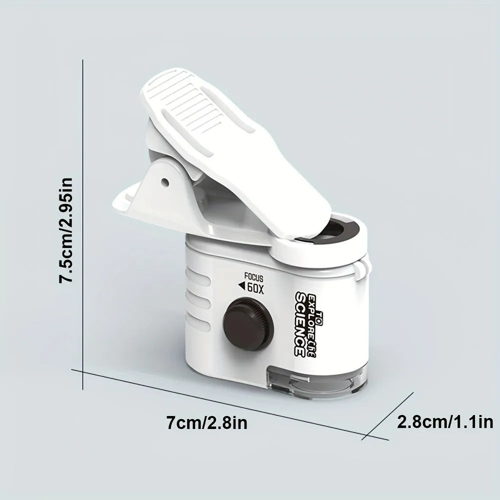Mini mobile phone microscope with 60x magnification and LED light attached to smartphone