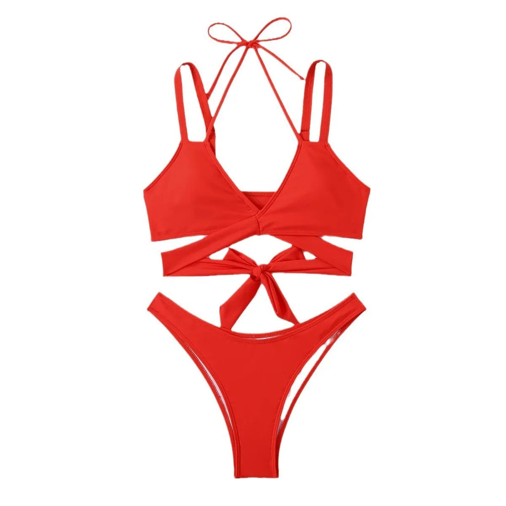 Solid colour strap bikini swimsuit for women on a mannequin, showing the brief cut and sleeveless design.