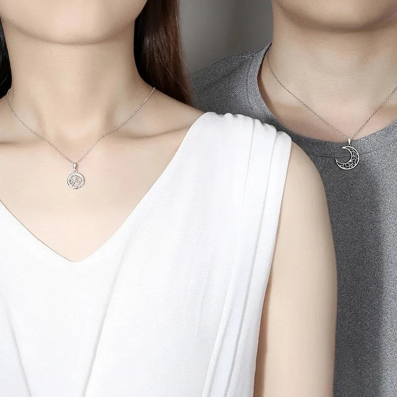 Sun moon couple necklace set with electroplated copper pendants on cross chains