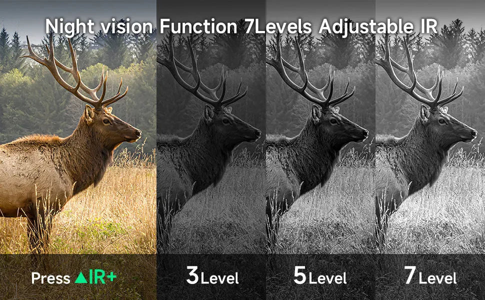 Black or camouflage 4K night vision instrument with display screen showing night vision footage.